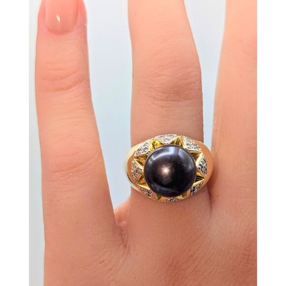 925 Sterling Gold Vermeil Purple Pearl & Diamond Accent Statement Ring Size 6.75 - Picture 1 of 6